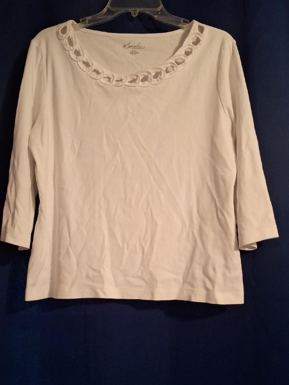 Kim Rogers White Scoop Neck 3/4 Sleeve Top with Chain-Trim